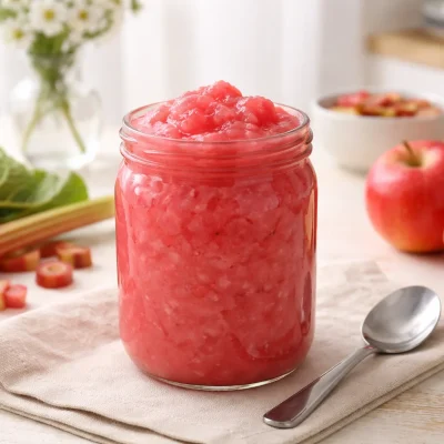 Homemade rhubarb applesauce in a bowl, showcasing its rosy color and texture.