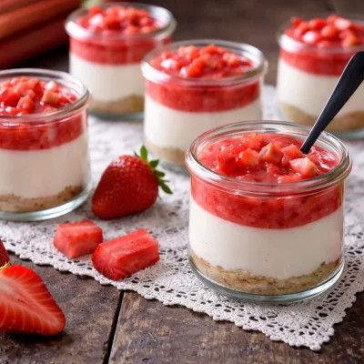 Delicious rhubarb cheesecake creams with a smooth, creamy texture and sweet-tart flavor.