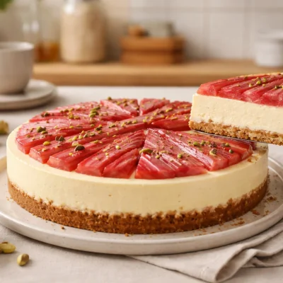 Delicious rhubarb cheesecake topped with a creamy filling and a graham cracker crust.
