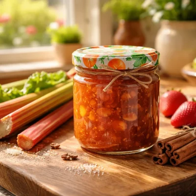 Jar of homemade rhubarb cinnamon jam with fresh rhubarb stalks and cinnamon sticks