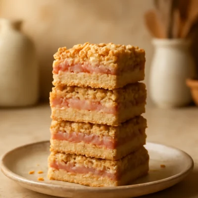 Delicious rhubarb cream cheese bars with a buttery oats crust and creamy filling