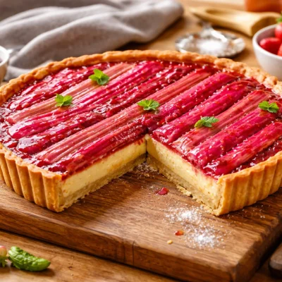 Delicious rhubarb custard tart with a crispy crust and creamy filling.