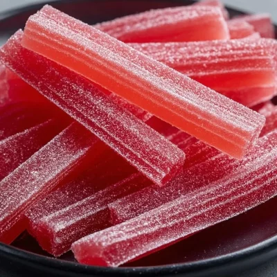 A vibrant bowl of homemade rhubarb sour belts ready to enjoy.