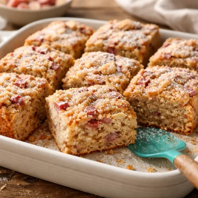A slice of moist rhubarb sour cream coffee cake with crumb topping on a plate.