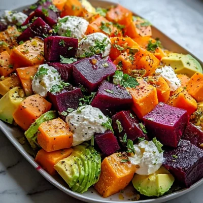 Roasted Beet, Sweet Potato & Avocado Salad garnished with greens