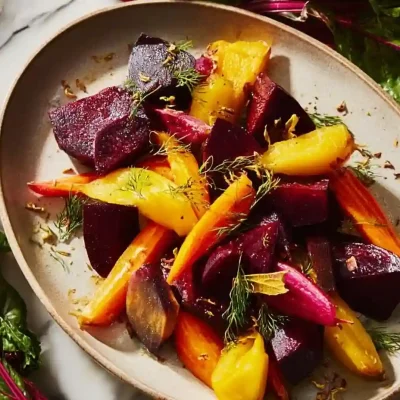 Plate of roasted beets garnished with herbs, showcasing vibrant colors and textures.