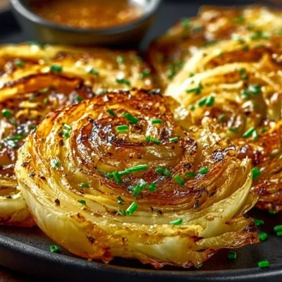 Delicious roasted cabbage steaks served on a plate, garnished with herbs.