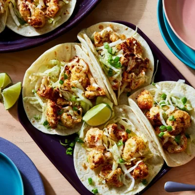 Roasted cauliflower and cheddar tacos ready to serve