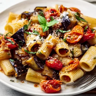 Plate of Roasted Eggplant Pasta garnished with fresh herbs
