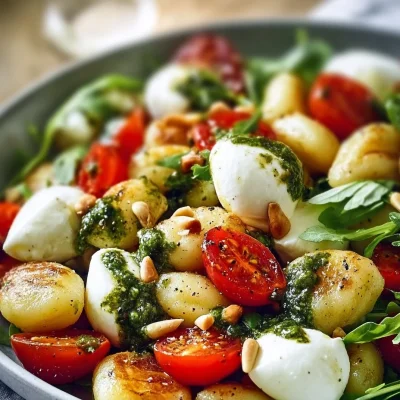 Roasted gnocchi salad with fresh vegetables and herbs, served in a bowl.