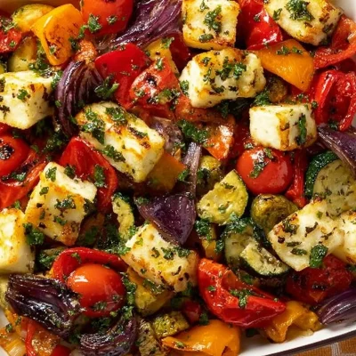 Plate of roasted Mediterranean vegetables with halloumi cheese.