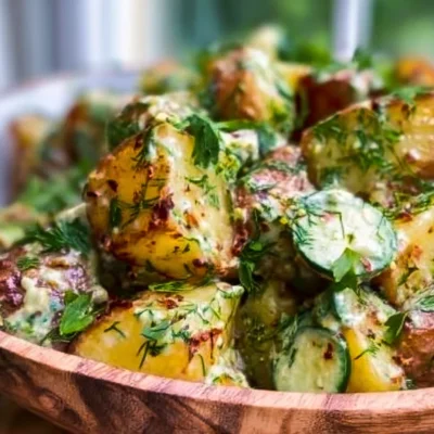 A bowl of herbed roasted potato salad garnished with herbs and spices.