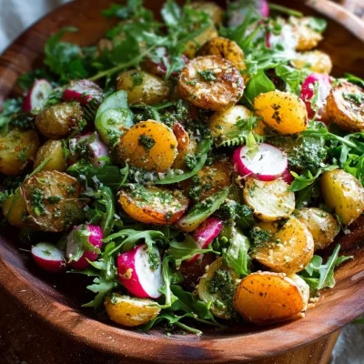 Roasted potato salad with spring onions & radishes displayed in a bowl.