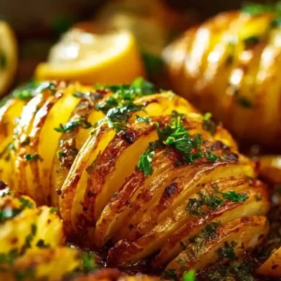 A plate of golden herb roasted potatoes garnished with fresh herbs