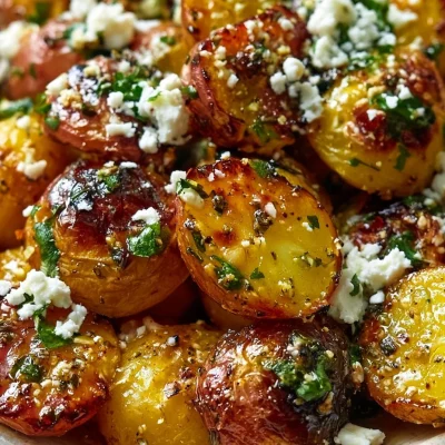 Roasted potatoes topped with Greek lemon feta for a flavorful side dish.
