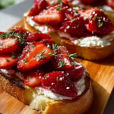 Roasted strawberry whipped ricotta toast on a rustic plate.