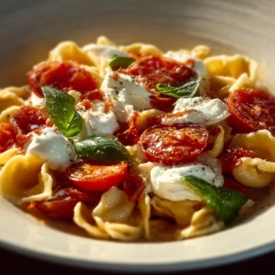 A bowl of roasted tomato and garlic ricotta pasta garnished with fresh herbs