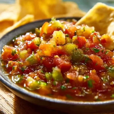 Bowl of roasted tomato and tomatillo salsa with fresh herbs