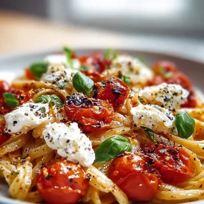Delicious plate of roasted tomato garlic pasta topped with fresh basil