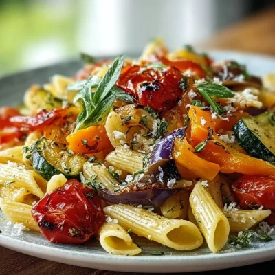 A colorful plate of roasted vegetable pasta topped with fresh herbs