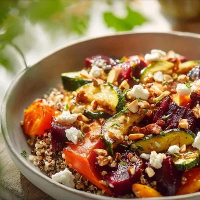 Delicious roasted vegetable quinoa bowl with vibrant vegetables and quinoa.