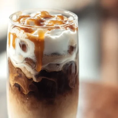 Delicious Salted Caramel Cream Cold Brew in a clear glass with whipped cream