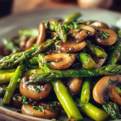 Sautéed asparagus with mushrooms and garlic on a plate