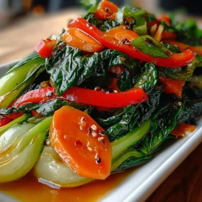A vibrant plate of sautéed bok choy with carrots and peppers