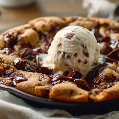 Scoopable cookie pie dessert served in a bowl with a spoon