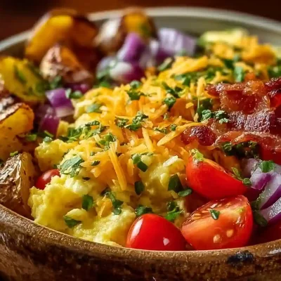 Delicious scrambled egg bowl topped with vegetables and herbs.