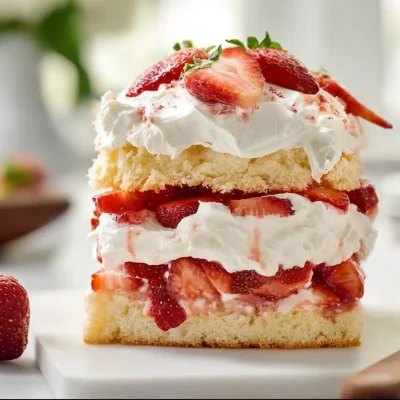 Sheet pan strawberry shortcake topped with fresh strawberries and whipped cream.