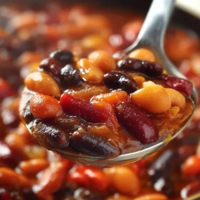 Skillet barbecue baked beans in a cast iron skillet