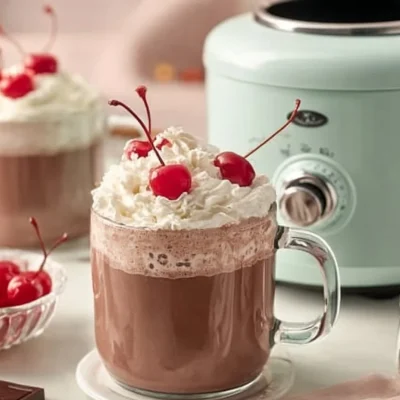 Creamy slow cooker chocolate covered cherry hot chocolate in a mug with cherries on top.