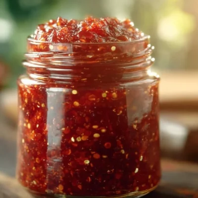 Slow Cooker Rhubarb Sweet Chili Jam in a jar with fresh rhubarb and chili peppers