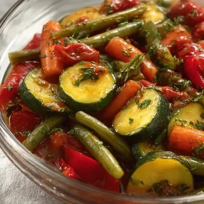 A bowl of slow cooker summer vegetables with colorful zucchini, bell peppers, and carrots.