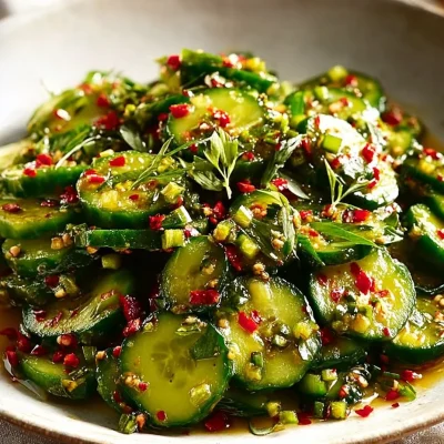 Smashed Asian Cucumber Salad served in a bowl, garnished with herbs