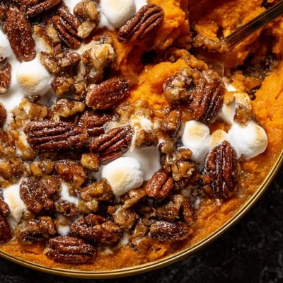 Delicious Southern Maple Sweet Potato Casserole topped with pecans and maple syrup