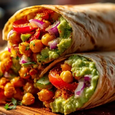 Spicy Chickpea and Avocado Wraps on a wooden table garnished with fresh herbs