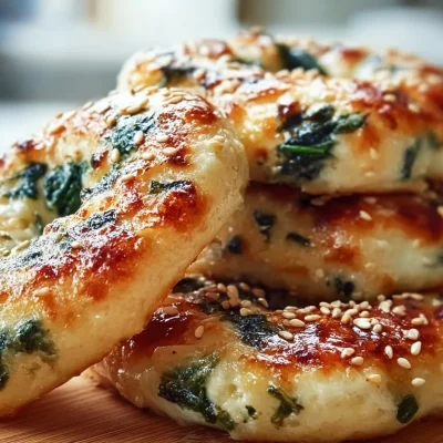Spinach Cottage Cheese Flat Bagels stacked on a plate