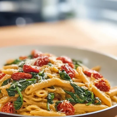 A bowl of spinach tomato pasta garnished with fresh ingredients