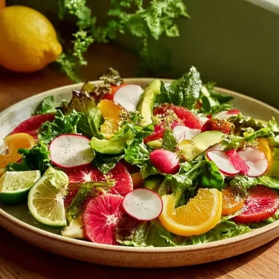 Colorful spring salad with strawberries and greens
