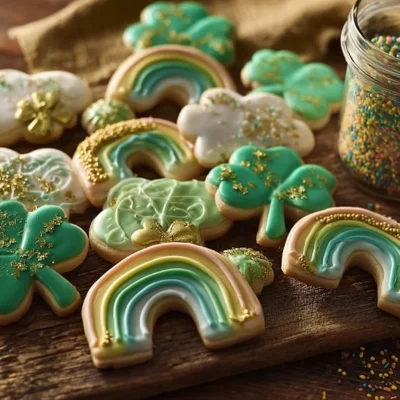 Festive St. Patrick's Day cookies decorated with green icing and shamrocks.