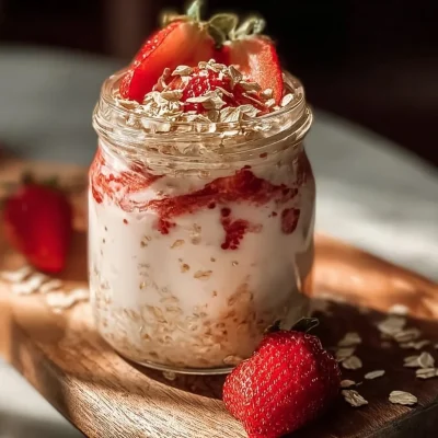 Bowl of strawberries and cream overnight oats topped with fresh strawberries