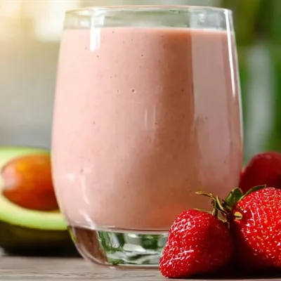 Strawberry avocado smoothie garnished with fresh strawberries in a glass.