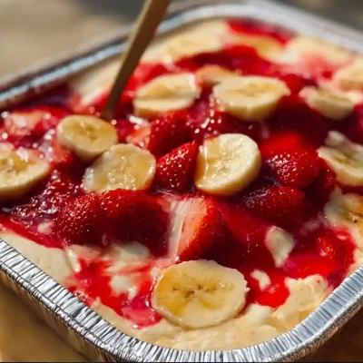 Delicious strawberry banana pudding dessert served in a glass dish