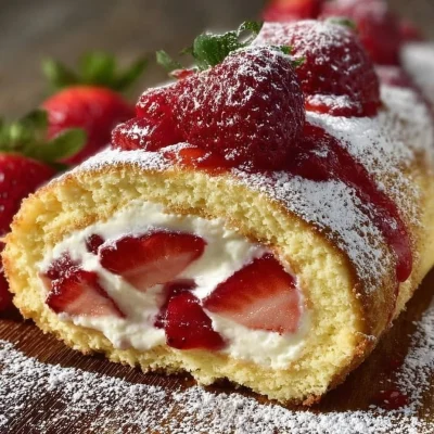 Strawberry cheesecake roll ups served on a plate, topped with fresh strawberries.