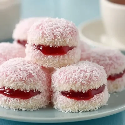 Strawberry coconut sponge cakes decorated with fresh strawberries and coconut flakes