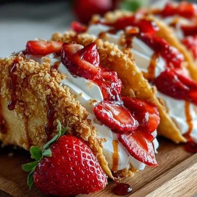 Strawberry Crunch Cheesecake Tacos topped with strawberry and crumb mixture