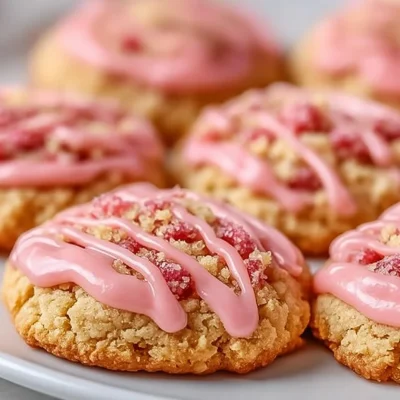 Freshly baked strawberry crunch cookies with a crispy topping
