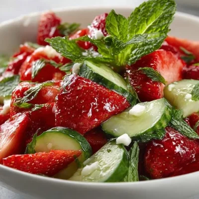 Fresh strawberry cucumber salad with vibrant colors and healthy ingredients.